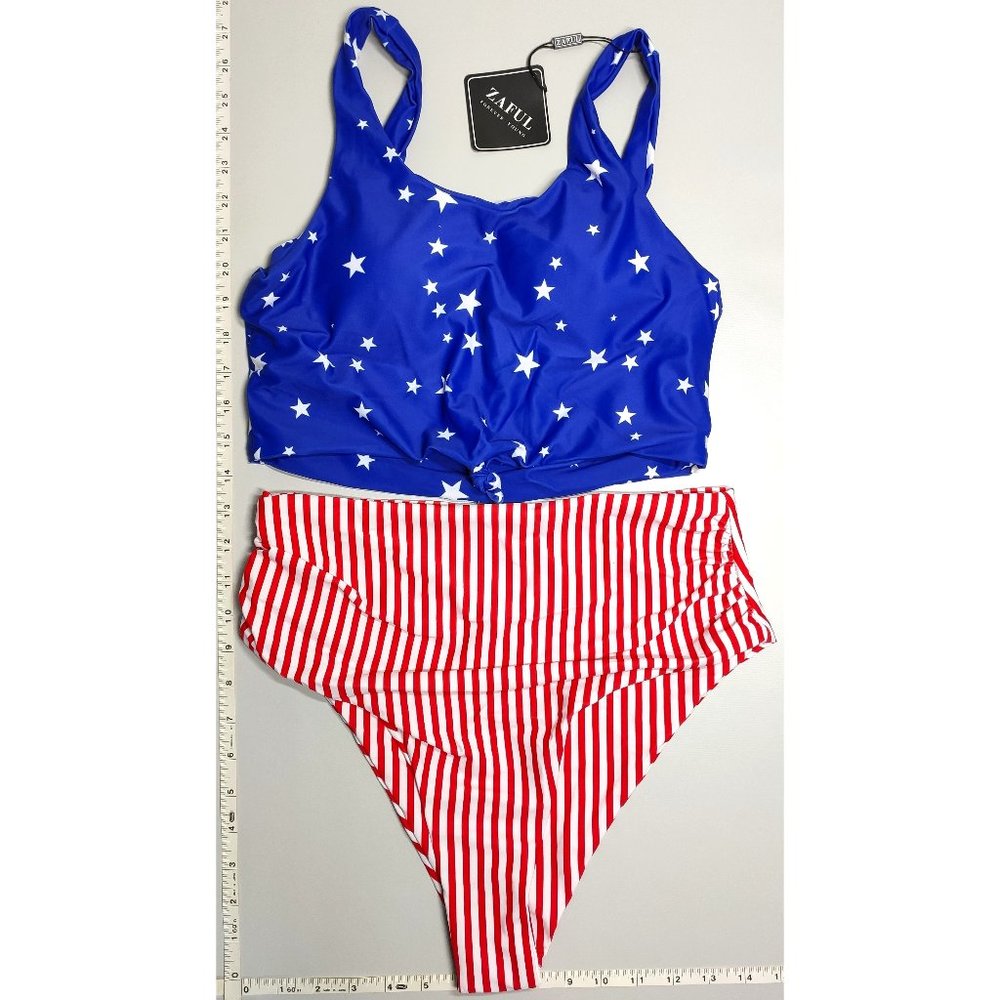 NWT ZAFUL Medium Tankini High Waist American Flag bikini set